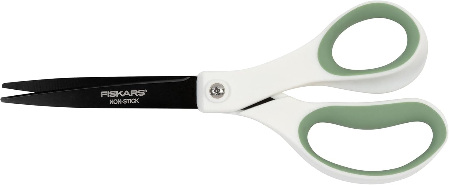 Fiskars Everyday Fashion Scissors, 8″ Non-Stick Stainless Steel Blades, White and Green, Cuts Sticky Materials Like Tape and Glue