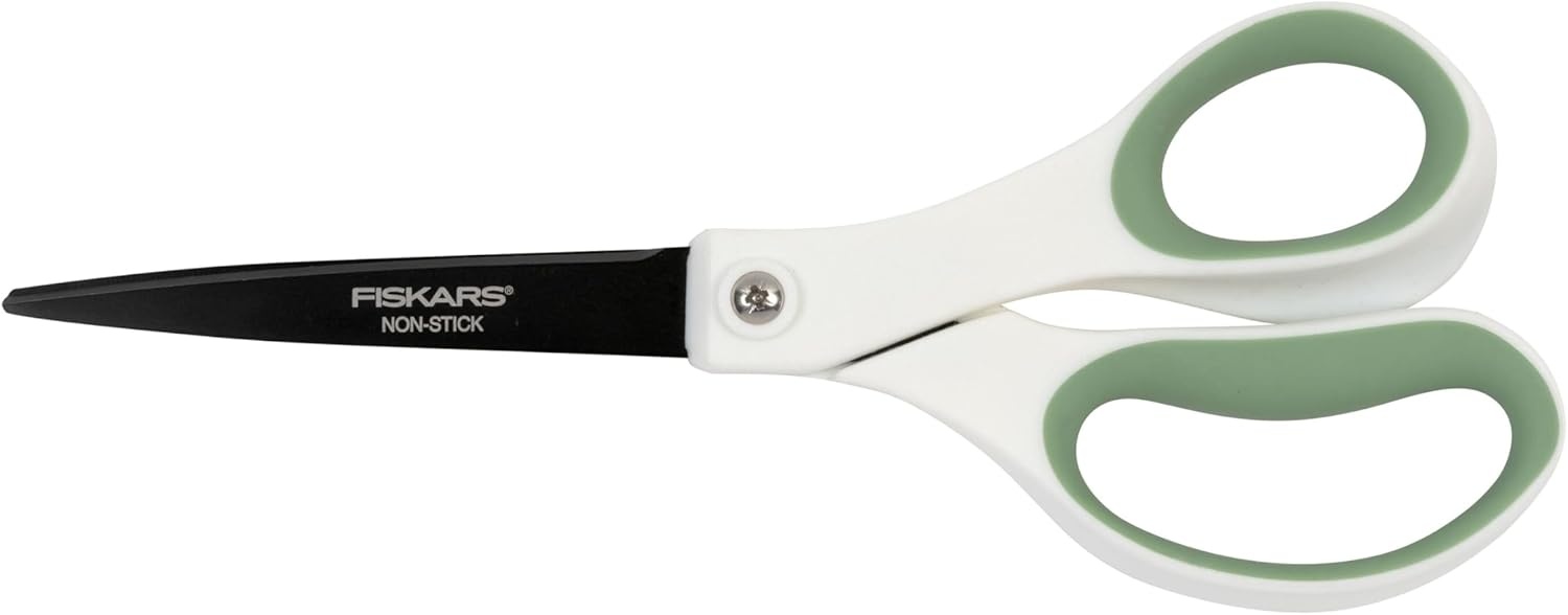 Fiskars Everyday Fashion Scissors, 8″ Non-Stick Stainless Steel Blades, White and Green, Cuts Sticky Materials Like Tape and Glue