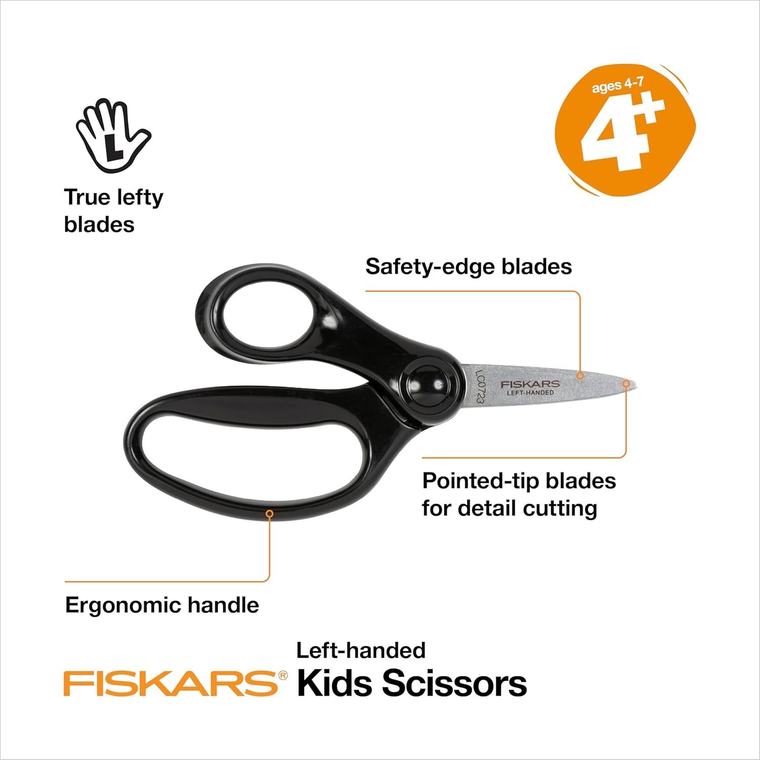 Fiskars 5″ Left-Handed Pointed-Tip Scissors for Kids Ages 4-7, Scissors for School or Crafting, Back to School Supplies, Black