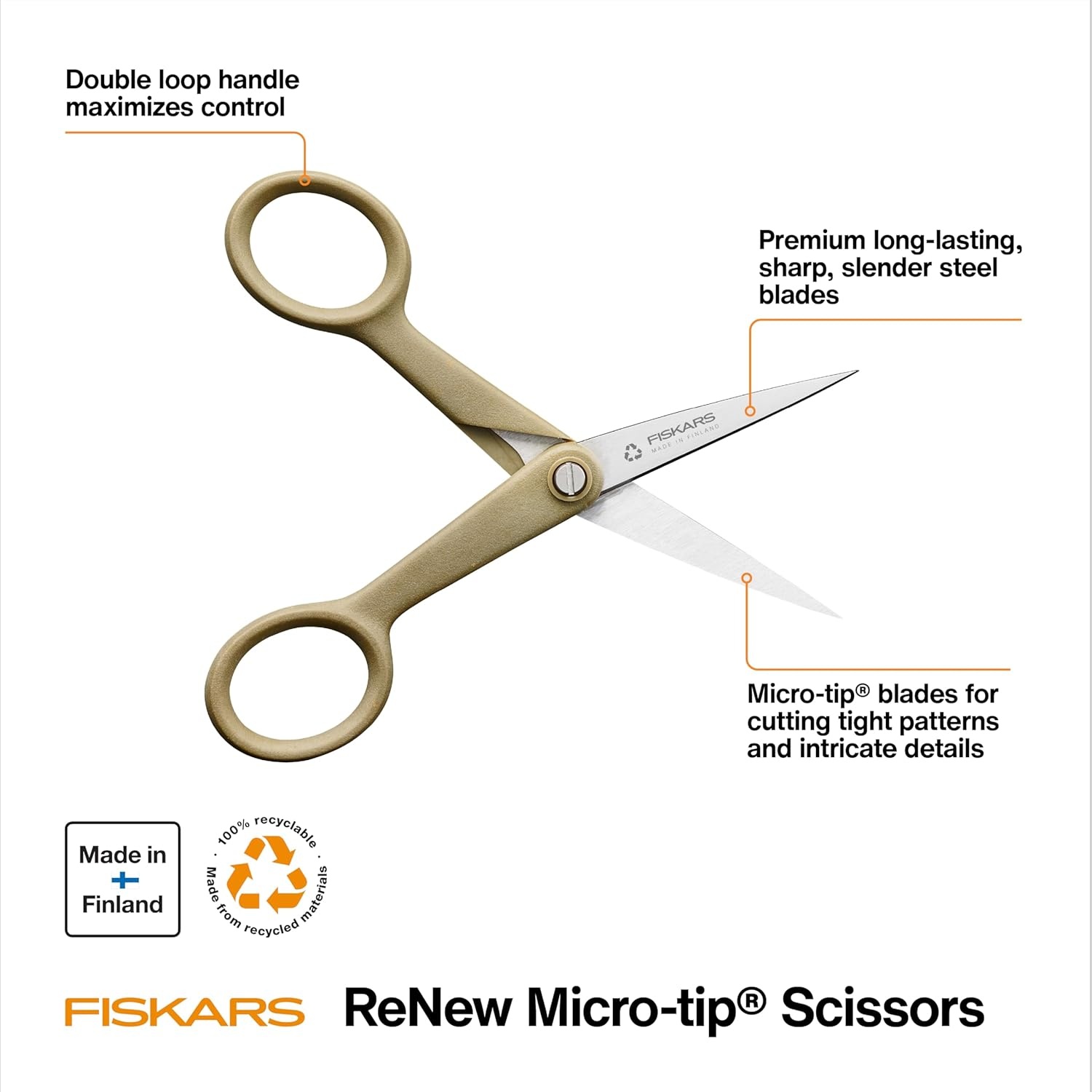 Fiskars 5″ Recycled Micro-Tip Fabric Scissors – Sustainable, Sharp, Detail Craft Scissors for Embroidery and Sewing – Craft and Fabric Cutting – Beige