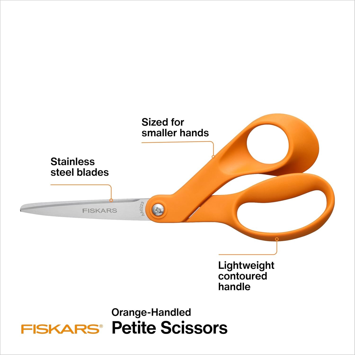 Fiskars 8″ Original Orange-Handled Stainless Steel Scissors, Ergonomic and Keeps Material Flat, Sharp All-Purpose Paper and Fabric Scissors for Office, Arts, and Crafts(Petite Orange-Handled)