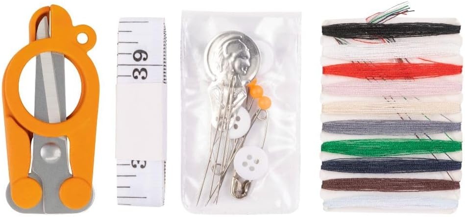 Fiskars Compact Travel Sewing Kit, TSA compliant Folding Scissors, 27-Piece Repair Set for Buttons and Hemming, Threads, Needles, 39 Measuring Tape, Small Size for Purses and Carry on, Orange((Pack of 12))