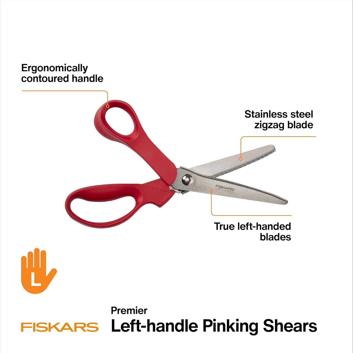 Fiskars 8 Premier Left-Handed Pinking Shears for Fabric Cutting Paper and Crafts, High-grade Stainless Steel Zigzag Blades Prevents Fraying, Ergonomic Contoured Handle for Left-Handed Comfort(Left Handed)