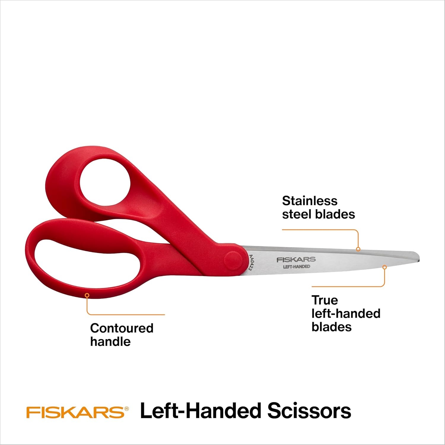 Fiskars 8″ Original Orange-Handled Stainless Steel Scissors, Ergonomic and Keeps Material Flat, Sharp All-Purpose Paper and Fabric Scissors for Office, Arts, and Crafts(Left-Handed)