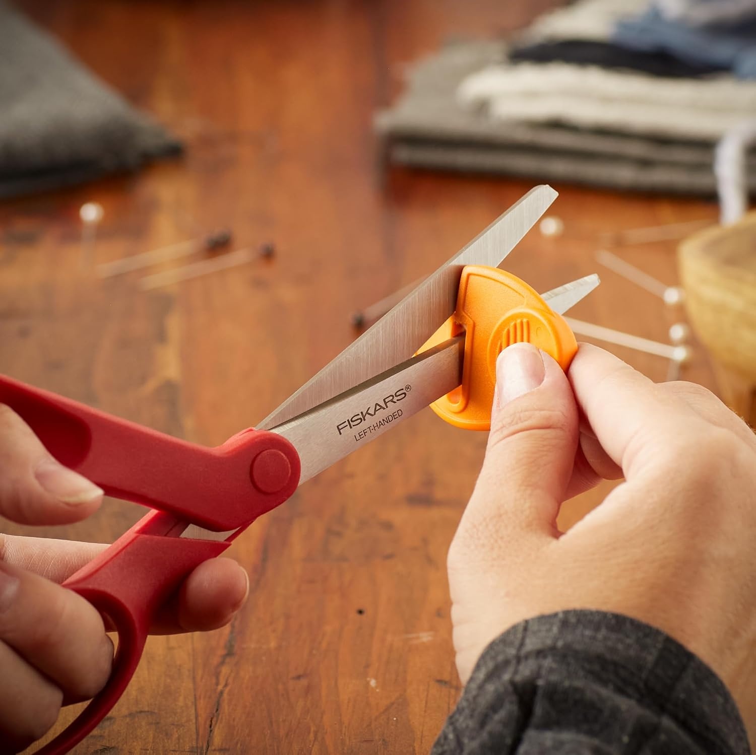 Fiskars 8″ Original Orange-Handled Stainless Steel Scissors, Ergonomic and Keeps Material Flat, Sharp All-Purpose Paper and Fabric Scissors for Office, Arts, and Crafts(Left-Handed)