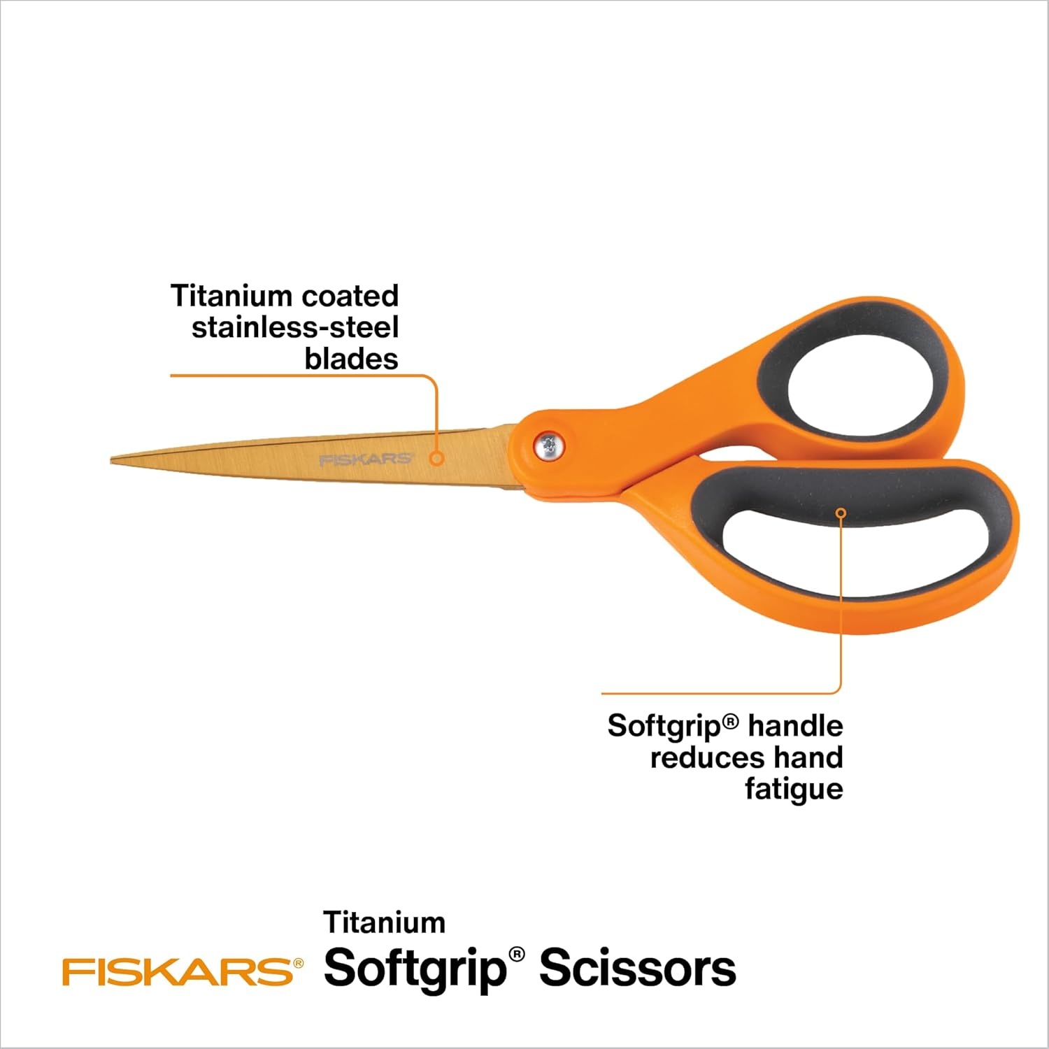 Fiskars SoftGrip Titanium Scissors All Purpose – 8″ Straight Handle Scissors for Office, Arts, and Crafts – Orange(1-Pack)