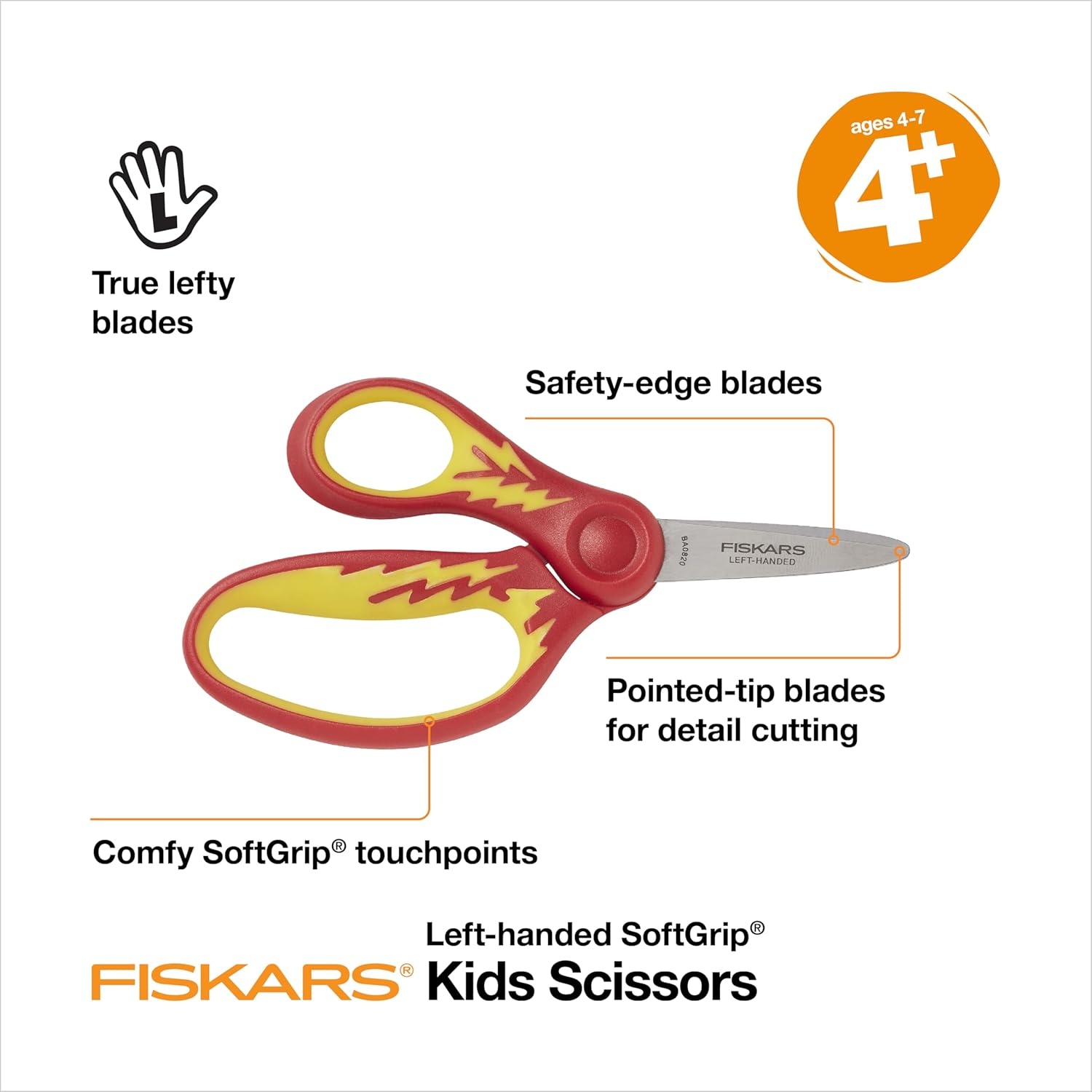 Fiskars 5″ Softgrip Left-Handed Pointed-Tip Scissors for Kids Ages 4-7, Left-Handed Scissors for School or Crafting, Back to School Supplies, Blue Lightning(Red Lightning)