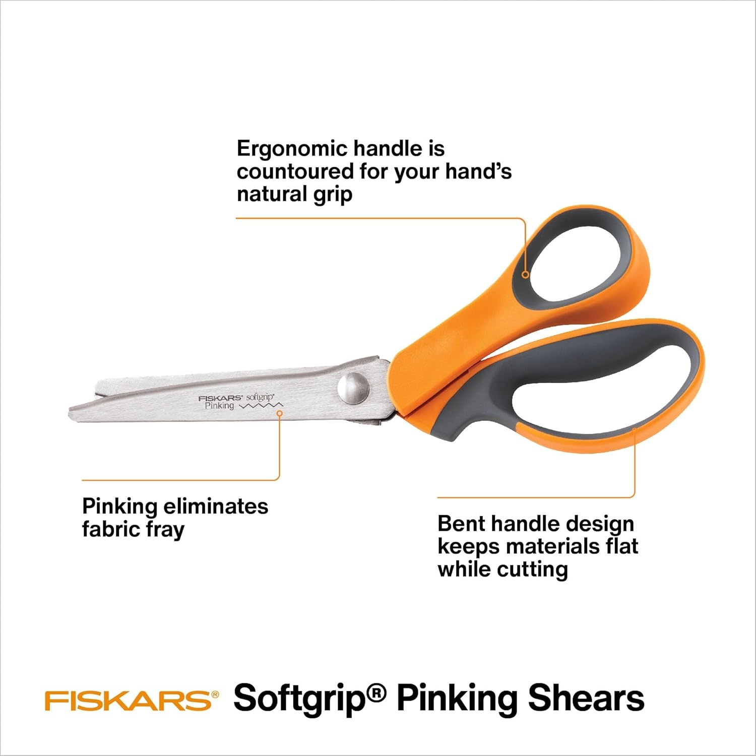Fiskars 8″ Original Orange-Handled Stainless Steel Scissors, Ergonomic and Keeps Material Flat, Sharp All-Purpose Paper and Fabric Scissors for Office, Arts, and Crafts(Pinking Shears)