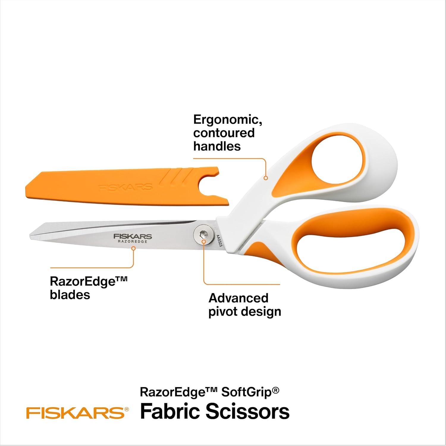 Fiskars RazorEdge Fabric Scissors, Heavy Duty Fabric Shears, Ultra-Sharp Stainless Steel Blades & SoftGrip Ergonomic Handle, 8, White/Orange(RazorEdge 8″)