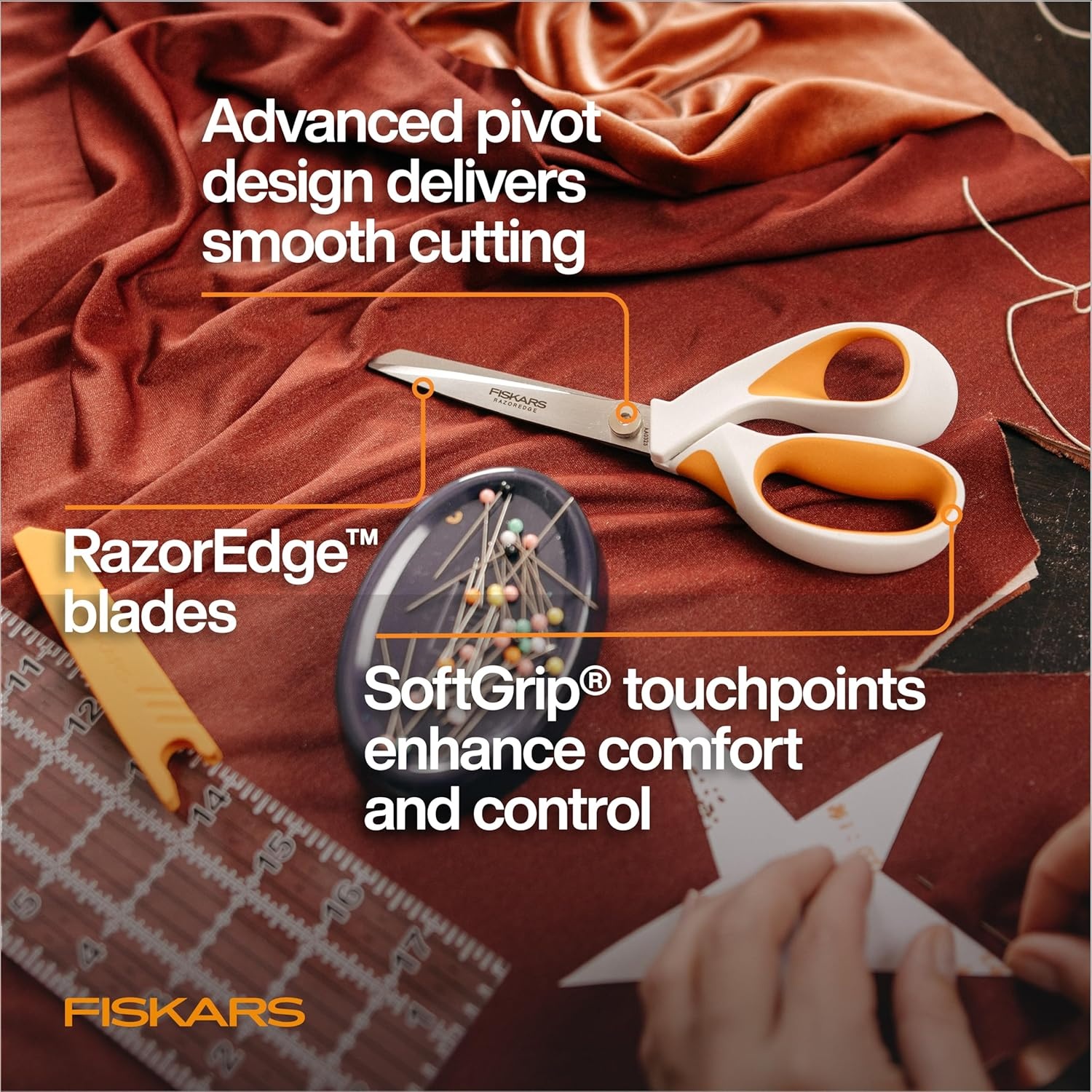 Fiskars RazorEdge Fabric Scissors, Heavy Duty Fabric Shears, Ultra-Sharp Stainless Steel Blades & SoftGrip Ergonomic Handle, 8, White/Orange(RazorEdge 8″)
