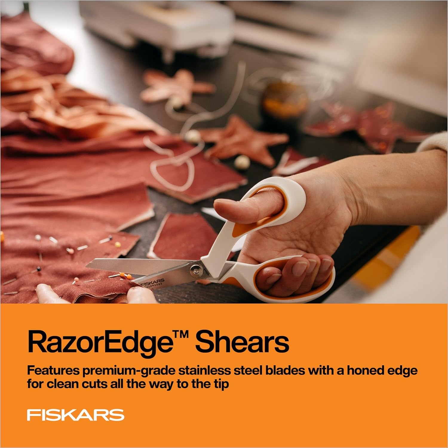 Fiskars RazorEdge Fabric Scissors, Heavy Duty Fabric Shears, Ultra-Sharp Stainless Steel Blades & SoftGrip Ergonomic Handle, 8, White/Orange(RazorEdge 8″)