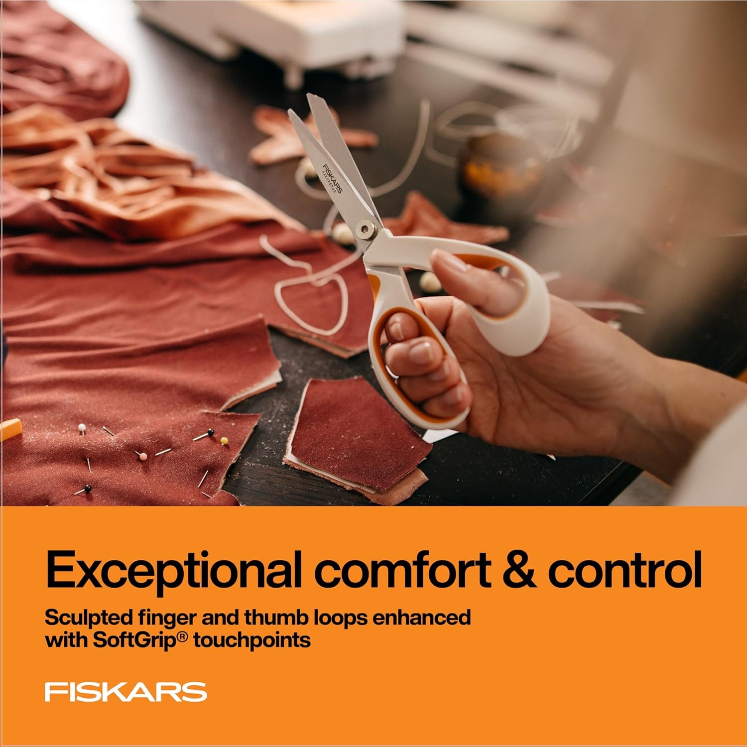 Fiskars RazorEdge Fabric Scissors, Heavy Duty Fabric Shears, Ultra-Sharp Stainless Steel Blades & SoftGrip Ergonomic Handle, 8, White/Orange(RazorEdge 8″)