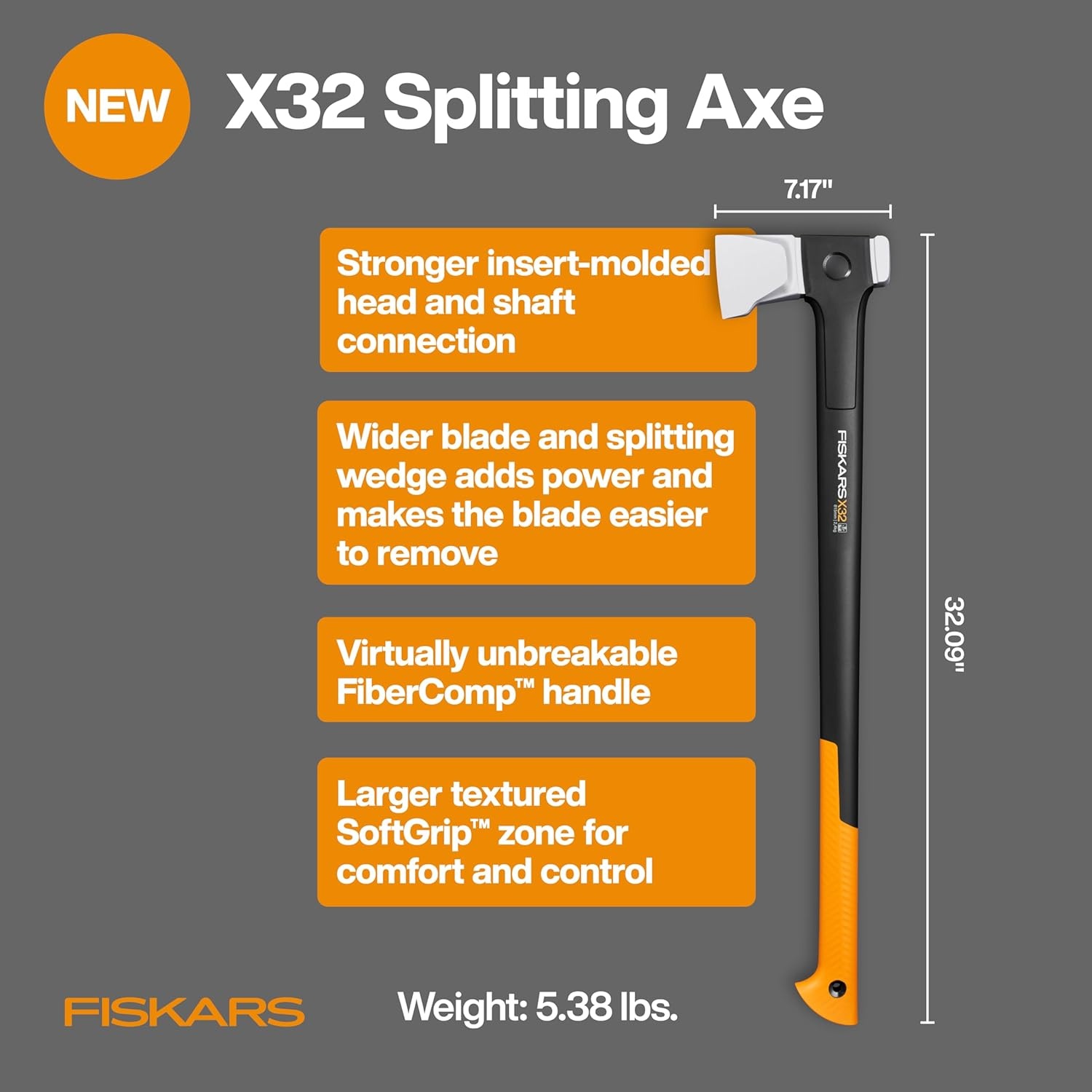 Fiskars X32 Splitting Axe 32″, Forged Steel Blade for More One-Strike Splits on Large Logs, Shock-Absorbing FiberComp Handle & Low-Friction Coating for Rust Protection & Easy Removal