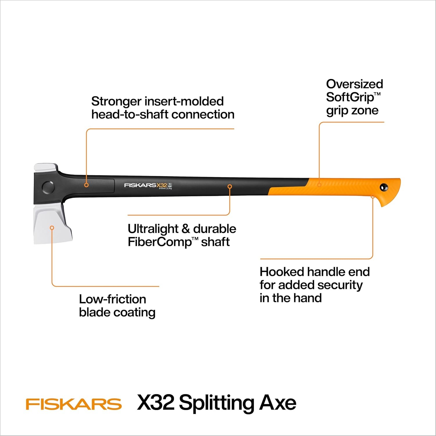 Fiskars X32 Splitting Axe 32″, Forged Steel Blade for More One-Strike Splits on Large Logs, Shock-Absorbing FiberComp Handle & Low-Friction Coating for Rust Protection & Easy Removal