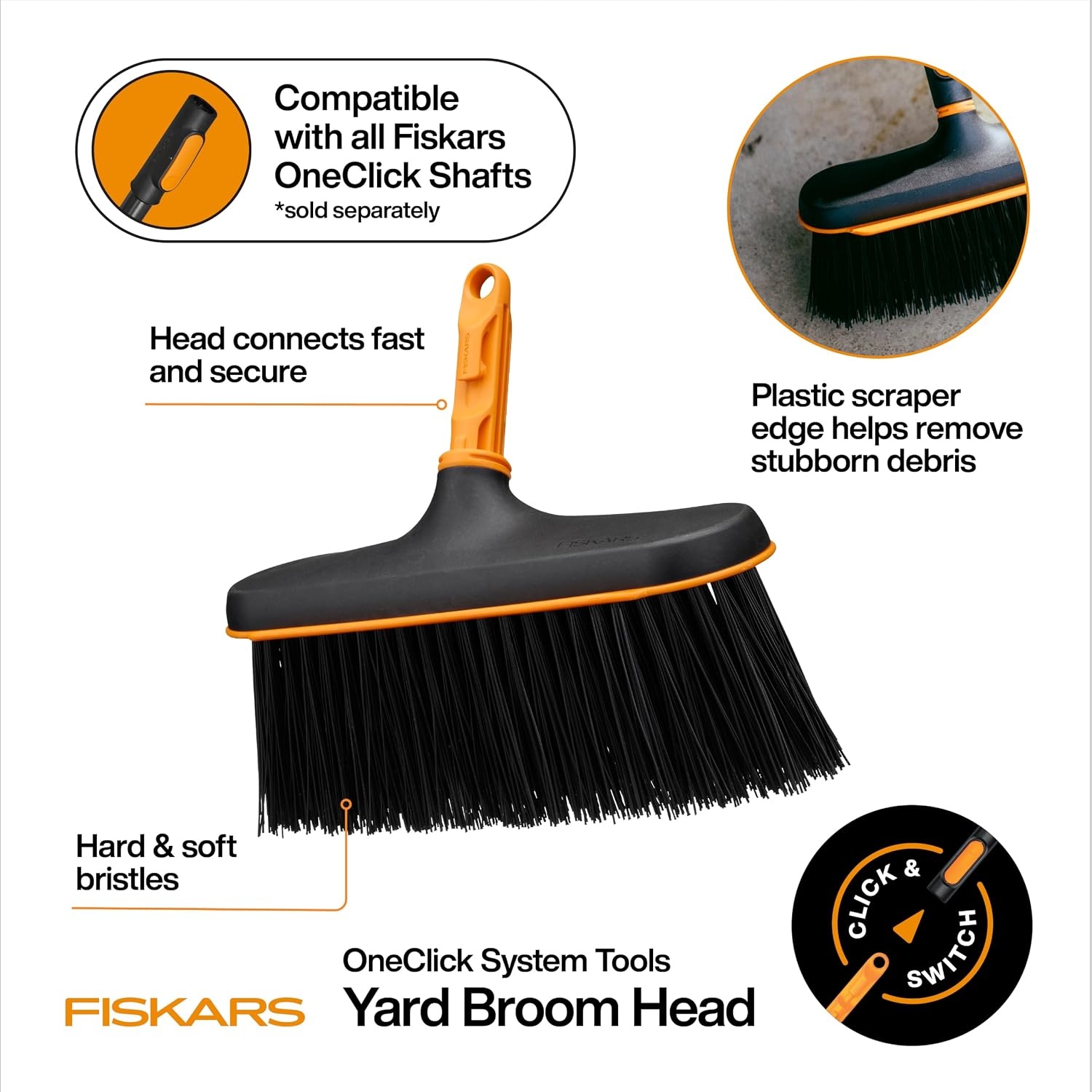 Fiskars OneClick Space-Saving Universal Rake Head for Garden Tool System(Push Broom Head)