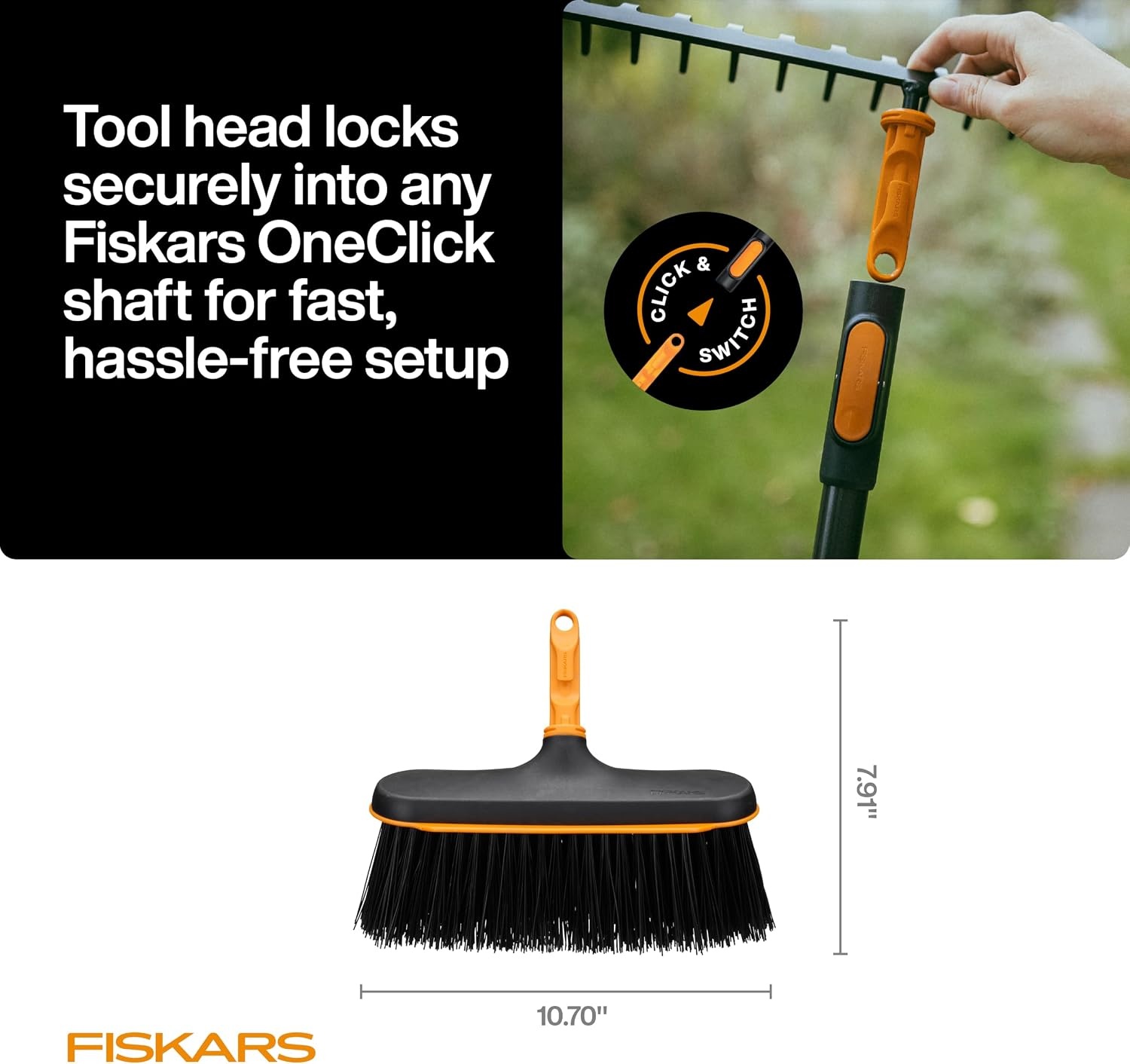 Fiskars OneClick Space-Saving Universal Rake Head for Garden Tool System(Push Broom Head)