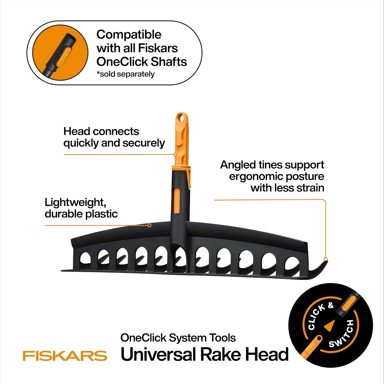 Fiskars OneClick Space-Saving Universal Rake Head for Garden Tool System(Universal Rake Head)