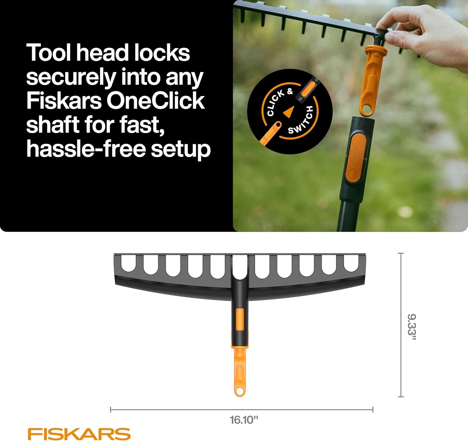 Fiskars OneClick Space-Saving Universal Rake Head for Garden Tool System(Universal Rake Head)