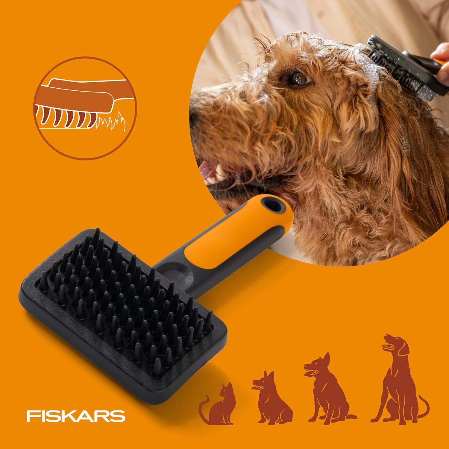 Fiskars Pet, Cat and Dog Brush, Fine Bristles & SoftGrip Handle for Gentle Grooming and Deshedding, Cat and Dog Supplies, Orange/Black(Massage Brush)