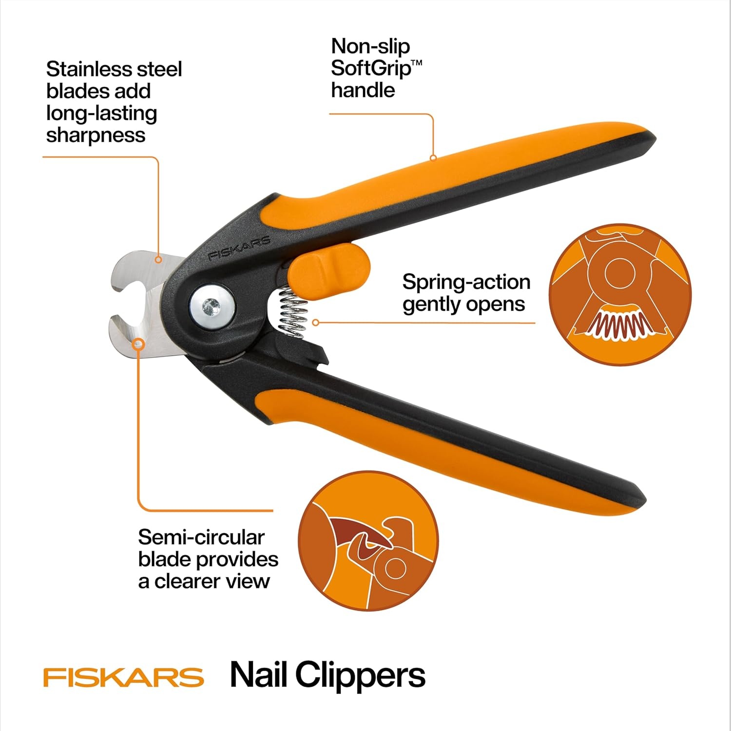Fiskars Pet Small Pet Nail Clippers, Cat and Dog Nail Trimmers for Grooming, Pet Supplies with Precision Stainless Steel Blades & SoftGrip Handle, 4.25, Orange/Black(Large)