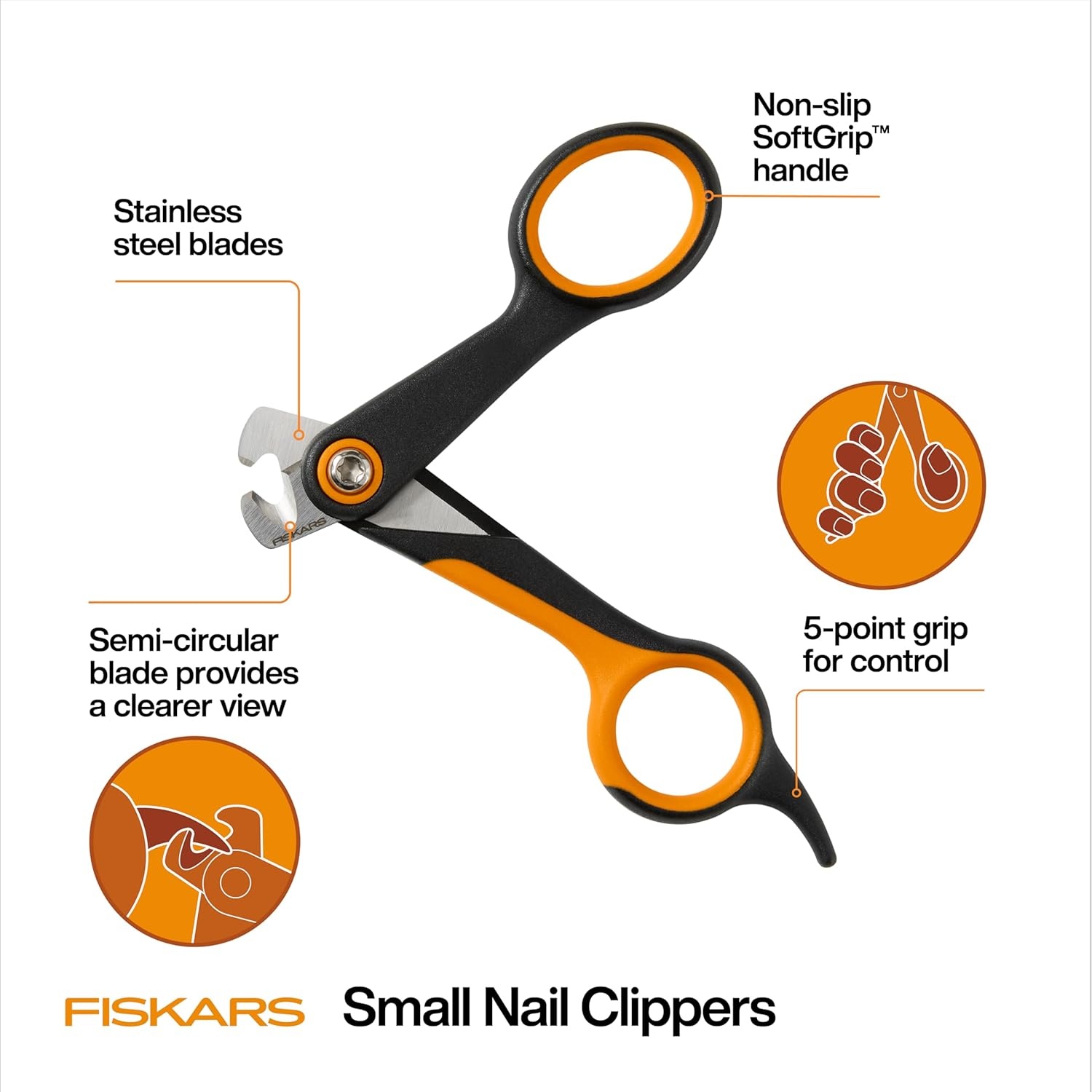 Fiskars Pet Small Pet Nail Clippers, Cat and Dog Nail Trimmers for Grooming, Pet Supplies with Precision Stainless Steel Blades & SoftGrip Handle, 4.25, Orange/Black(Small)