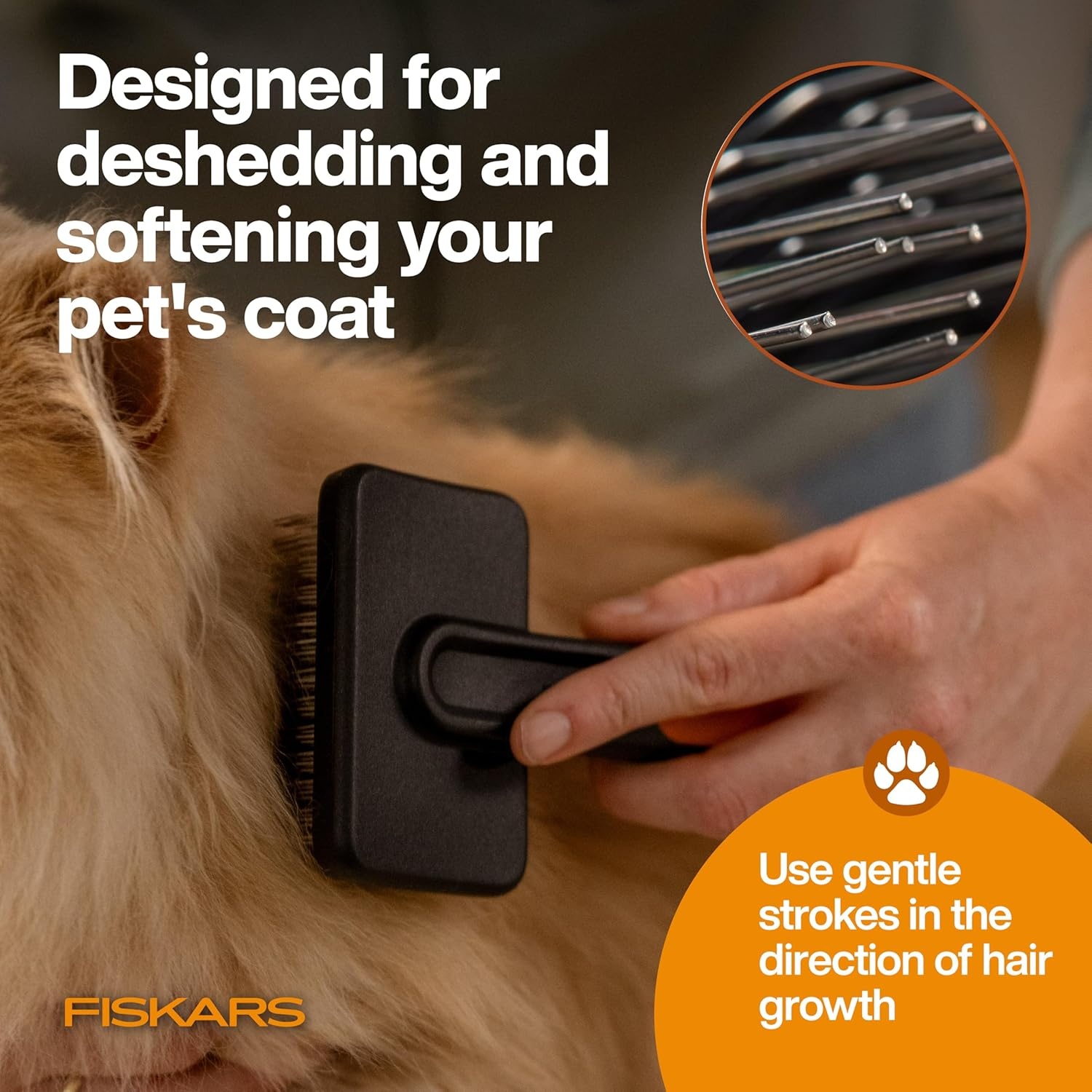 Fiskars Pet, Cat and Dog Brush, Fine Bristles & SoftGrip Handle for Gentle Grooming and Deshedding, Cat and Dog Supplies, Orange/Black(Slicker Brush)