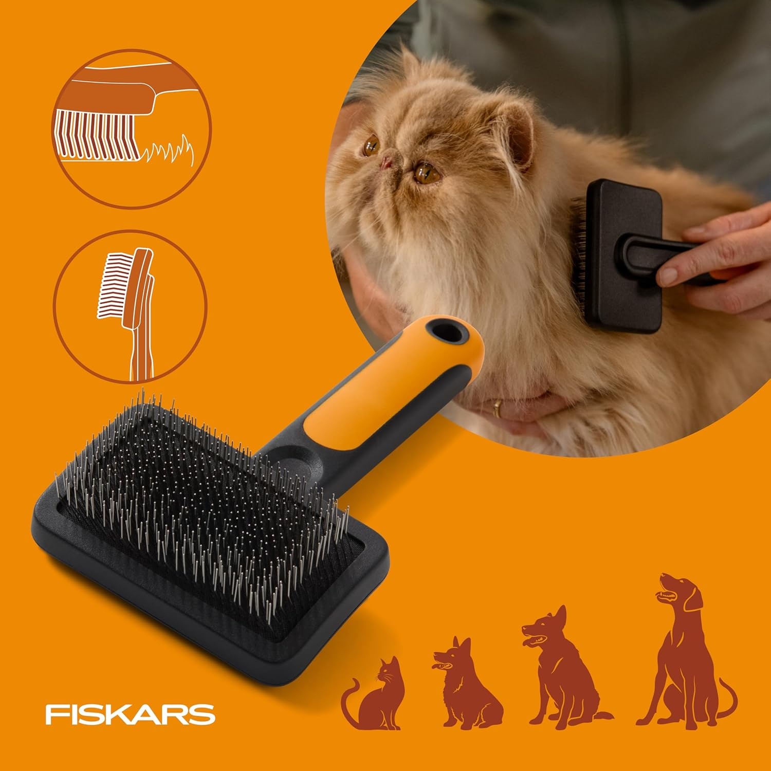 Fiskars Pet, Cat and Dog Brush, Fine Bristles & SoftGrip Handle for Gentle Grooming and Deshedding, Cat and Dog Supplies, Orange/Black(Slicker Brush)