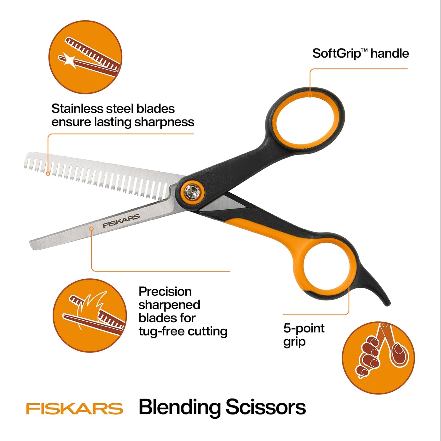 Fiskars Pet, Dog and Cat Grooming Scissors, Serrated Teeth for Thinning & SoftGrip Handle, Cat and Dog Supplies, 6.5, Orange/Black, Blending Scissors(Blending Scissors)