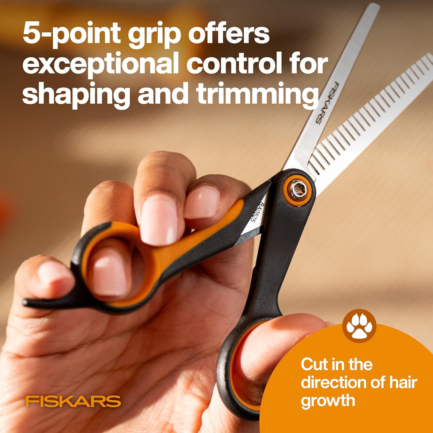 Fiskars Pet, Dog and Cat Grooming Scissors, Serrated Teeth for Thinning & SoftGrip Handle, Cat and Dog Supplies, 6.5, Orange/Black, Blending Scissors(Blending Scissors)