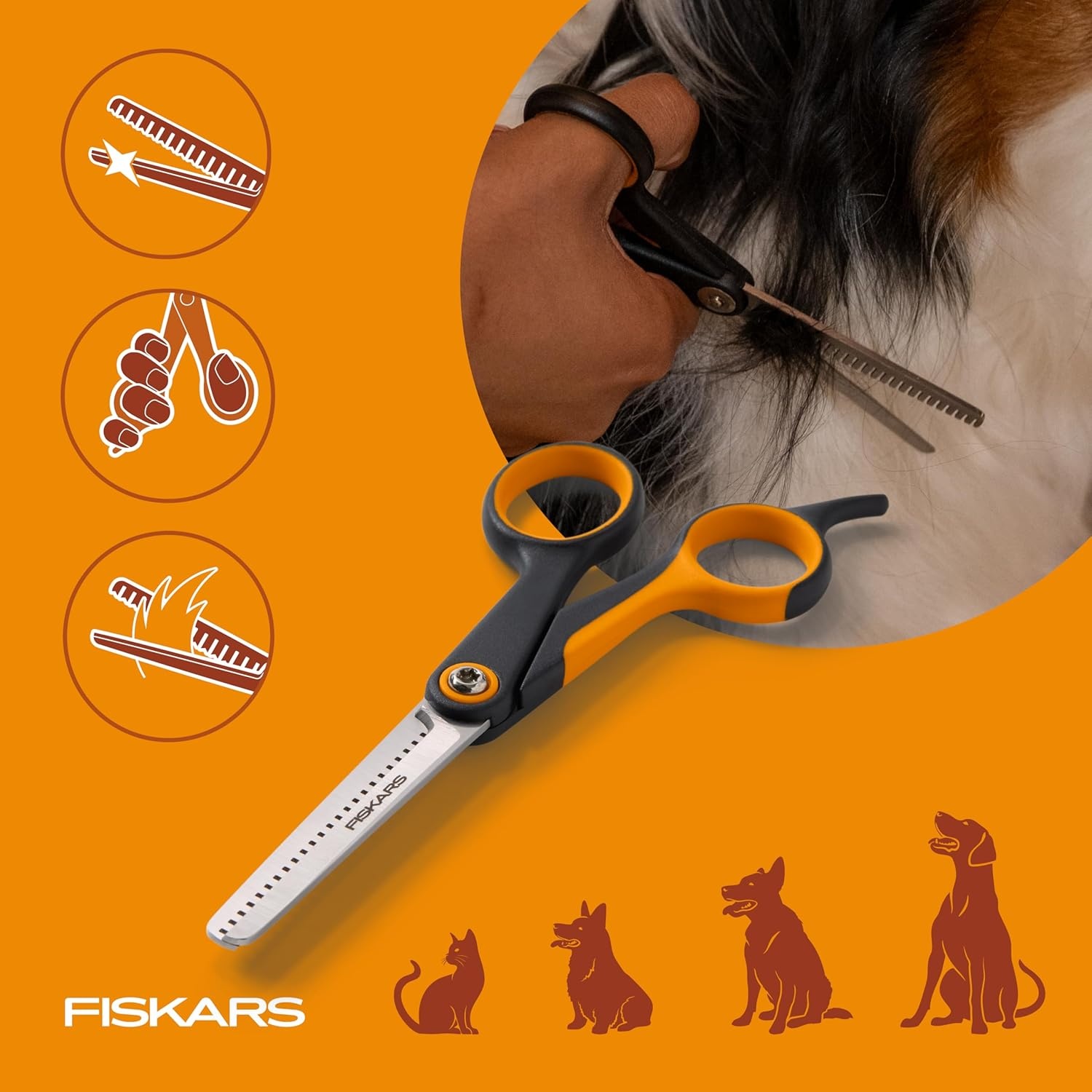 Fiskars Pet, Dog and Cat Grooming Scissors, Serrated Teeth for Thinning & SoftGrip Handle, Cat and Dog Supplies, 6.5, Orange/Black, Blending Scissors(Blending Scissors)