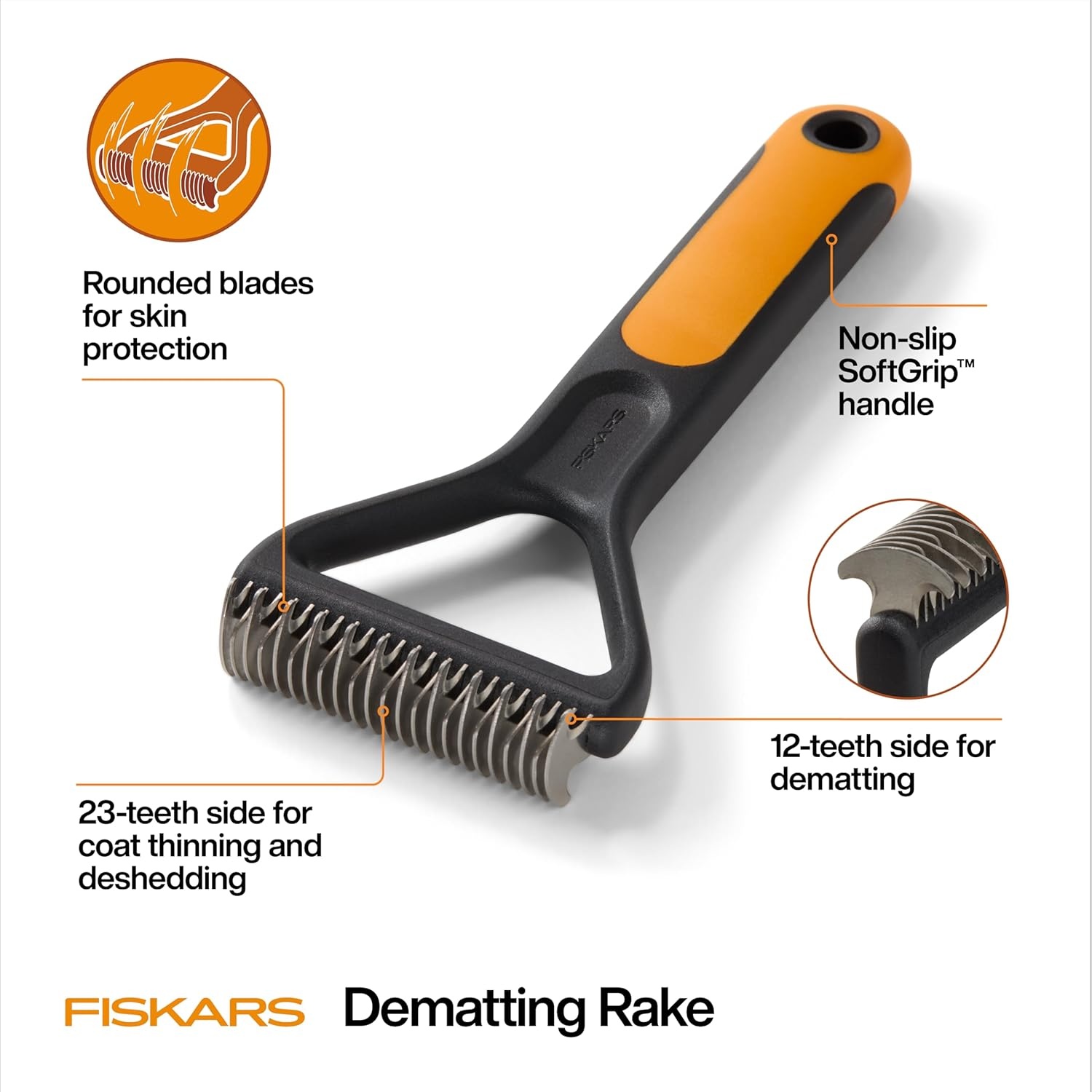 Fiskars Pet, Cat and Dog Brush, Fine Bristles & SoftGrip Handle for Gentle Grooming and Deshedding, Cat and Dog Supplies, Orange/Black(Dematting Rake)