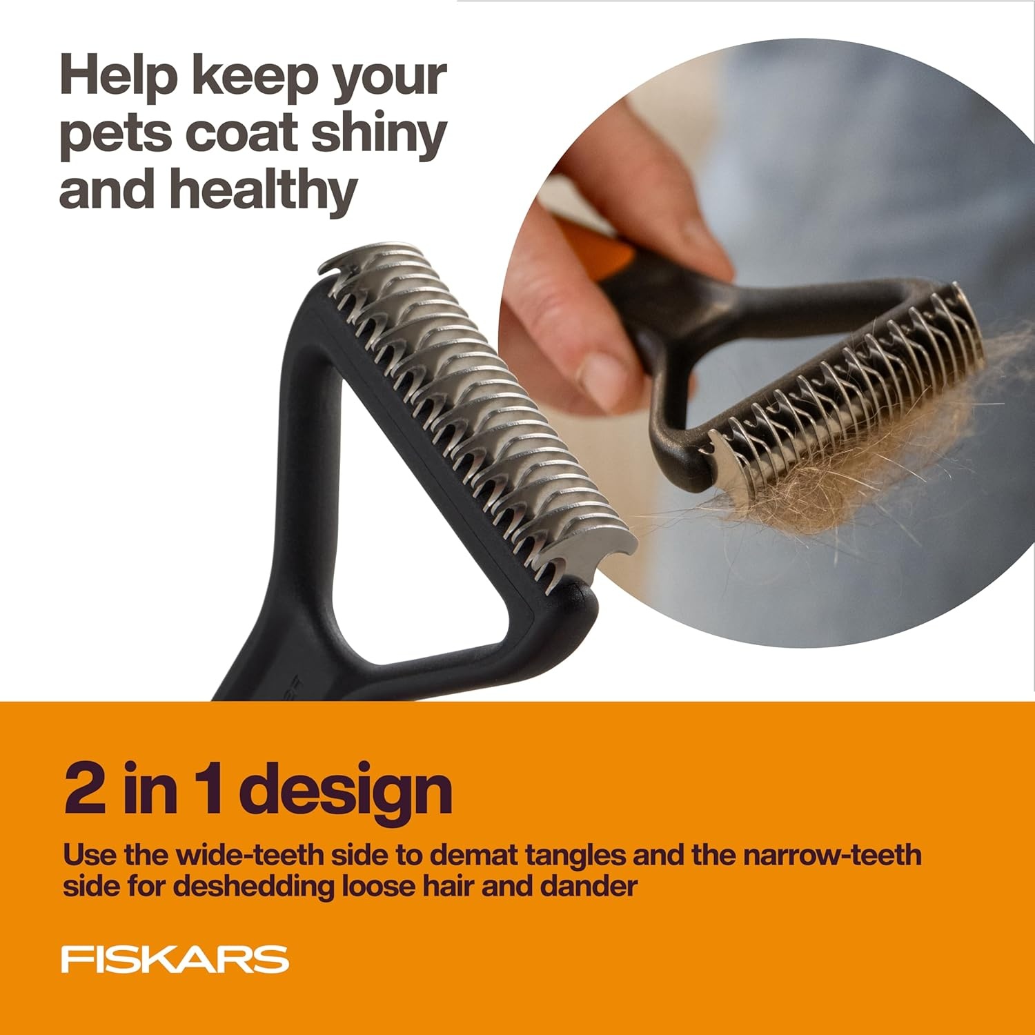 Fiskars Pet, Cat and Dog Brush, Fine Bristles & SoftGrip Handle for Gentle Grooming and Deshedding, Cat and Dog Supplies, Orange/Black(Dematting Rake)