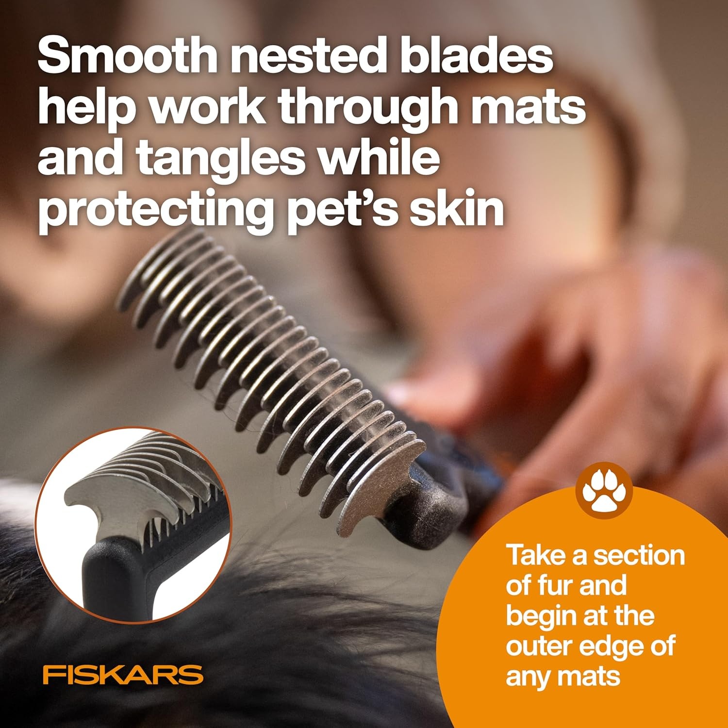 Fiskars Pet, Cat and Dog Brush, Fine Bristles & SoftGrip Handle for Gentle Grooming and Deshedding, Cat and Dog Supplies, Orange/Black(Dematting Rake)