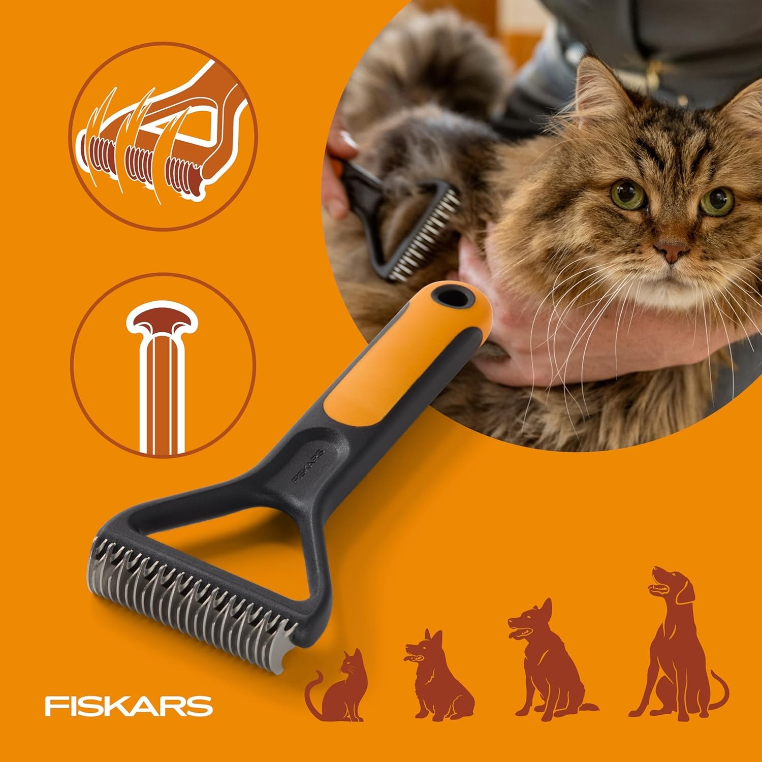Fiskars Pet, Cat and Dog Brush, Fine Bristles & SoftGrip Handle for Gentle Grooming and Deshedding, Cat and Dog Supplies, Orange/Black(Dematting Rake)