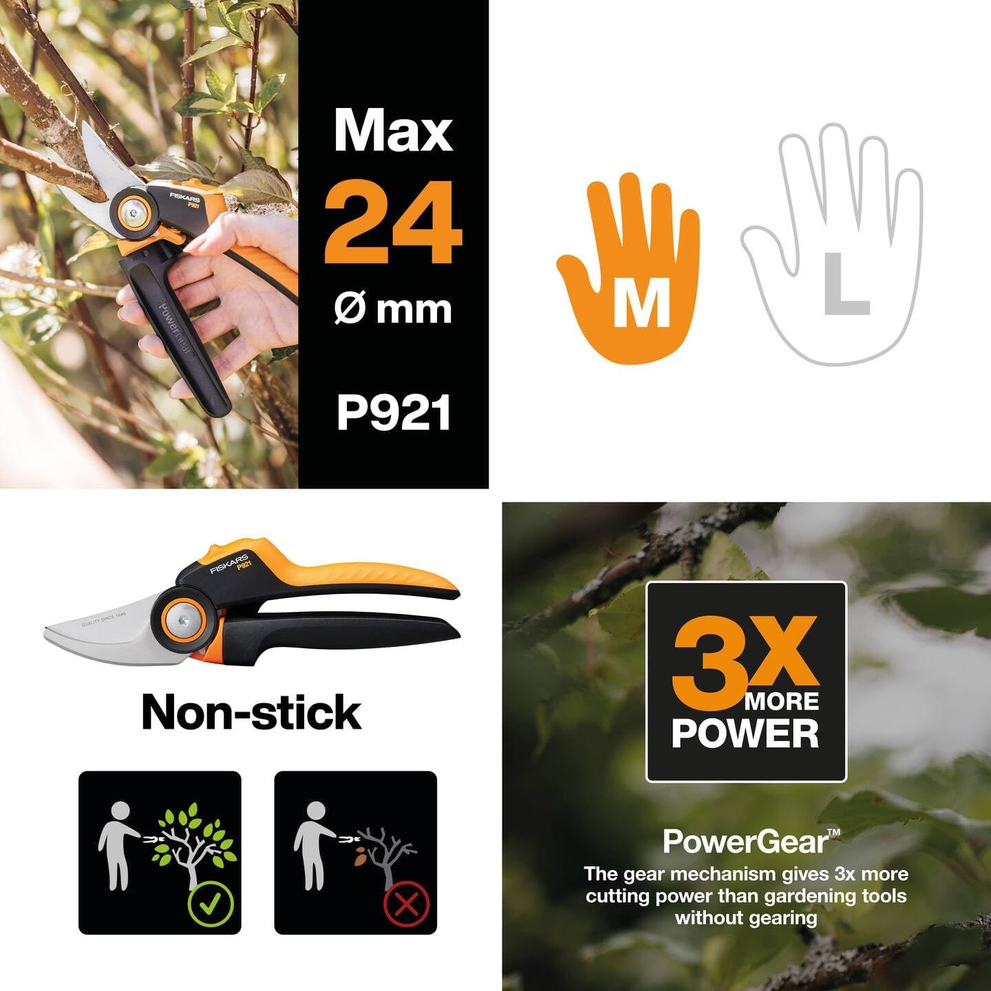 Fiskars Bypass Garden Pruners L, X-Series PowerGear, P961, with Rolling Handle, for Fresh Branches and Twigs, Non-Stick Coated, Stainless Steel Blades, Length: 22.2 cm, Black/Orange, 1057175(X-series P921)