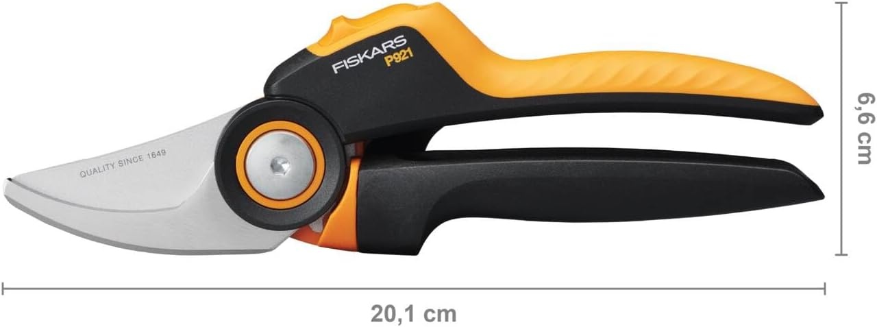 Fiskars Bypass Garden Pruners L, X-Series PowerGear, P961, with Rolling Handle, for Fresh Branches and Twigs, Non-Stick Coated, Stainless Steel Blades, Length: 22.2 cm, Black/Orange, 1057175(X-series P921)