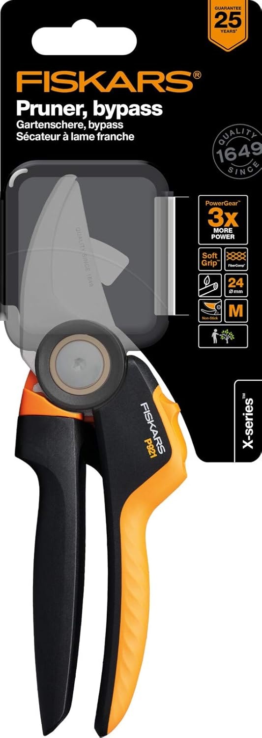 Fiskars Bypass Garden Pruners L, X-Series PowerGear, P961, with Rolling Handle, for Fresh Branches and Twigs, Non-Stick Coated, Stainless Steel Blades, Length: 22.2 cm, Black/Orange, 1057175(X-series P921)