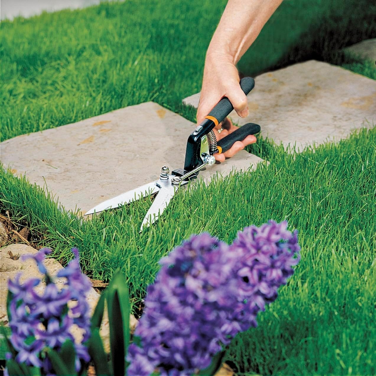 Fiskars Shear Ease Grass Shears – 5″ Stainless Steel Blades – 360-Degree Swivel Blade Plant Cutting Scissors – Garden Shears and Grass Cutter, Black(Power-Lever)