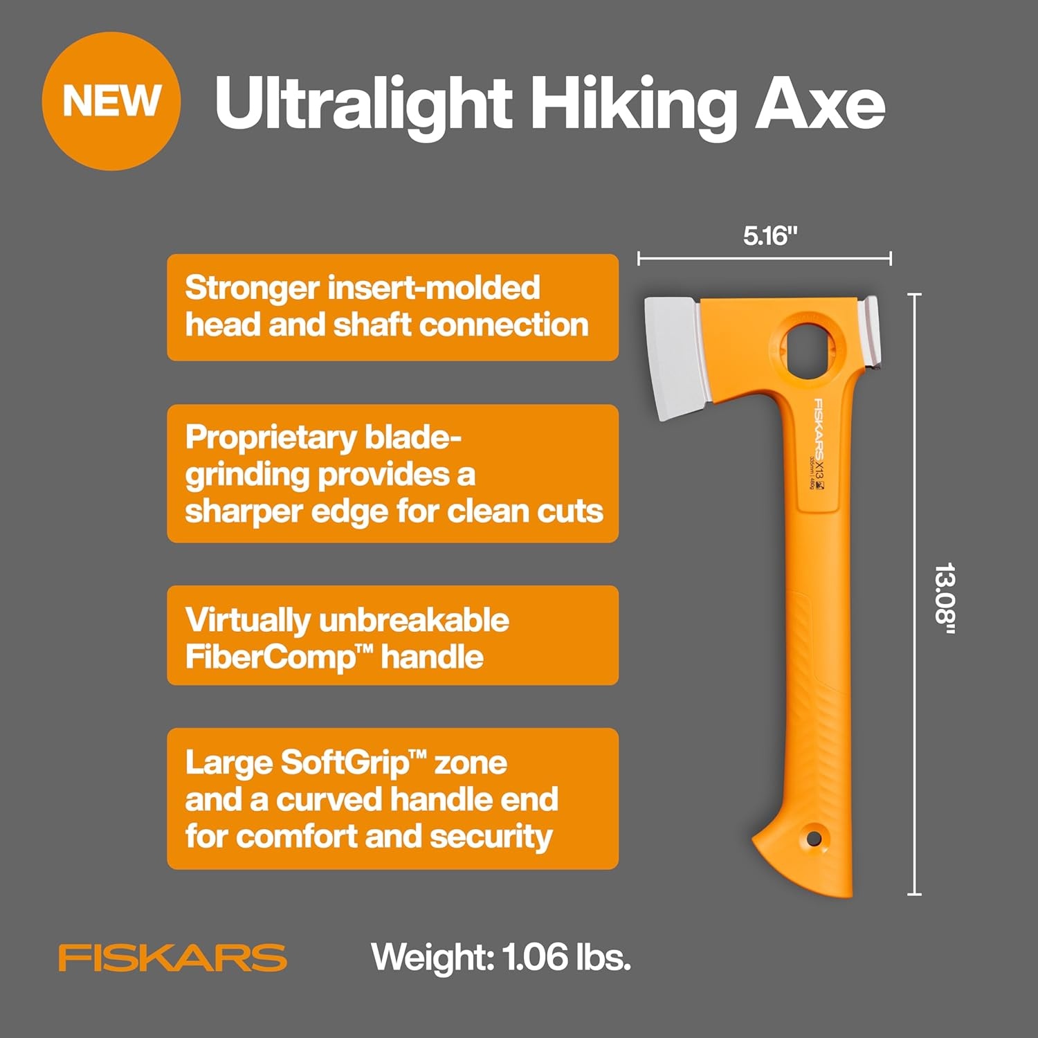 Fiskars X13 Ultralight Hiking Axe 13″, Ultra-Sharp Forged Steel Blade for Efficient Chopping & Camping, 15% Lighter High-Visibility Orange FiberComp Handle Drives Tent Stakes, Sheath Included(13″ Hiking Axe)