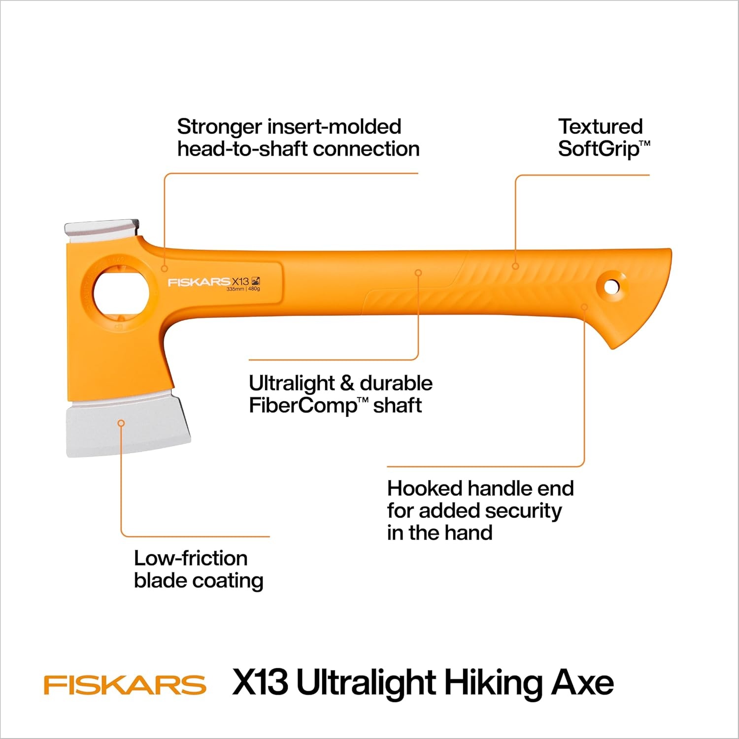 Fiskars X13 Ultralight Hiking Axe 13″, Ultra-Sharp Forged Steel Blade for Efficient Chopping & Camping, 15% Lighter High-Visibility Orange FiberComp Handle Drives Tent Stakes, Sheath Included(13″ Hiking Axe)