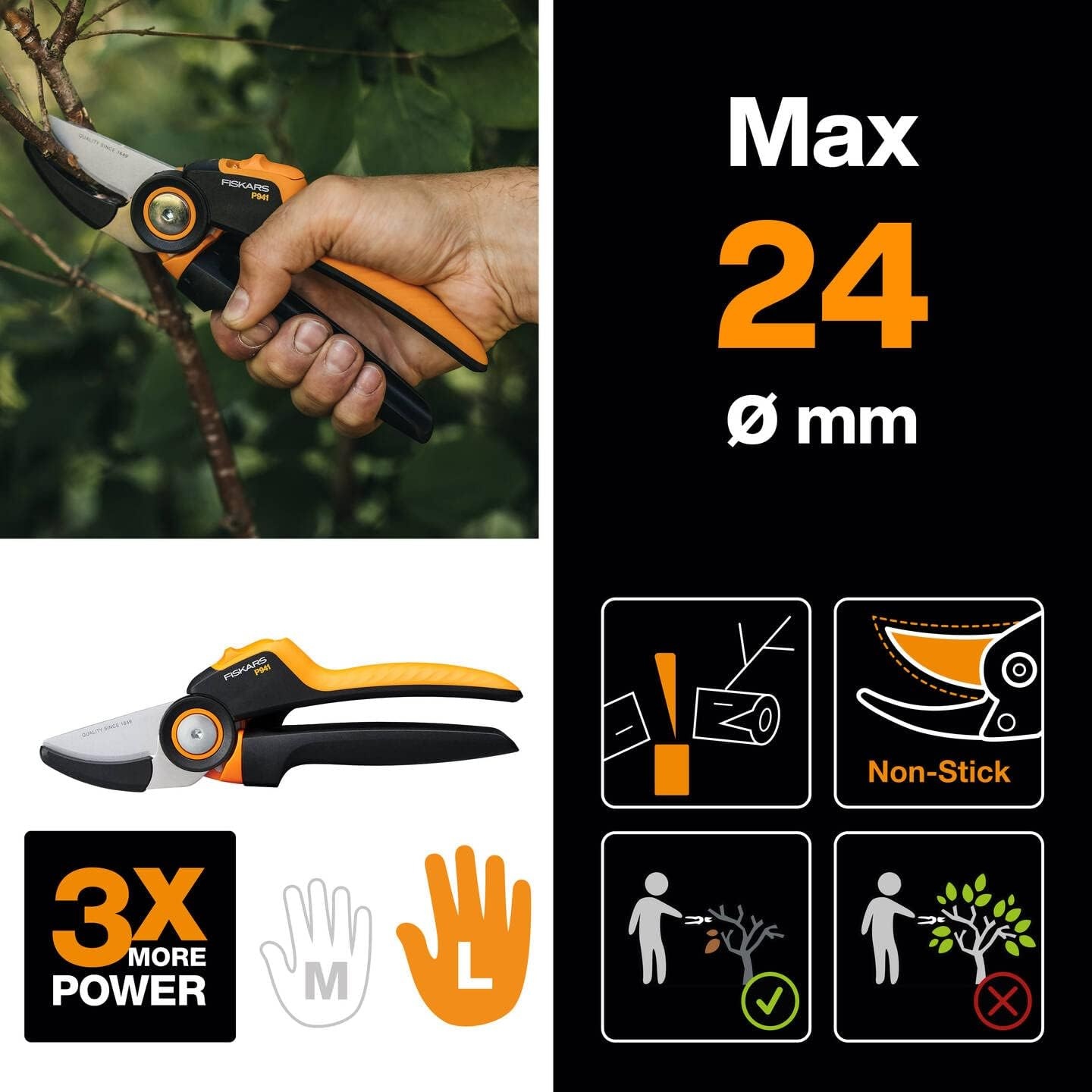Fiskars Bypass Garden Pruners L, X-Series PowerGear, P961, with Rolling Handle, for Fresh Branches and Twigs, Non-Stick Coated, Stainless Steel Blades, Length: 22.2 cm, Black/Orange, 1057175(X-series P941)