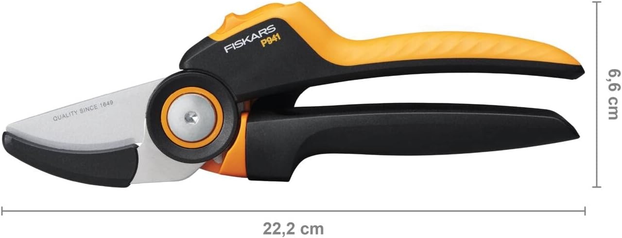 Fiskars Bypass Garden Pruners L, X-Series PowerGear, P961, with Rolling Handle, for Fresh Branches and Twigs, Non-Stick Coated, Stainless Steel Blades, Length: 22.2 cm, Black/Orange, 1057175(X-series P941)