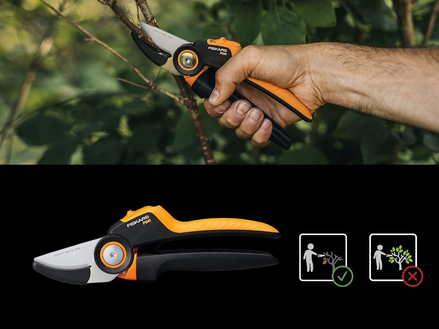 Fiskars Bypass Garden Pruners L, X-Series PowerGear, P961, with Rolling Handle, for Fresh Branches and Twigs, Non-Stick Coated, Stainless Steel Blades, Length: 22.2 cm, Black/Orange, 1057175(X-series P941)