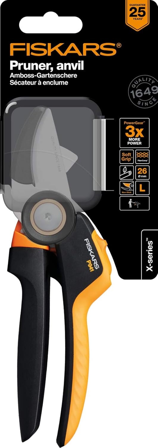 Fiskars Bypass Garden Pruners L, X-Series PowerGear, P961, with Rolling Handle, for Fresh Branches and Twigs, Non-Stick Coated, Stainless Steel Blades, Length: 22.2 cm, Black/Orange, 1057175(X-series P941)