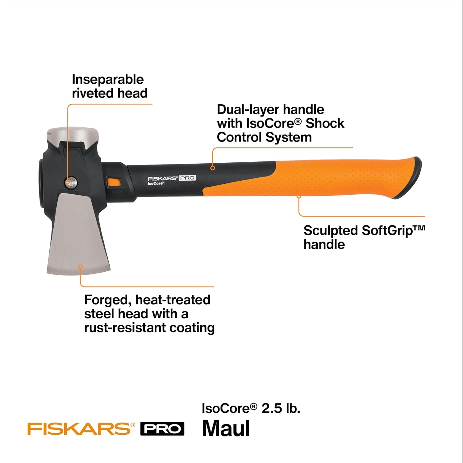 Fiskars Pro IsoCore Splitting Maul and Stainless Steel Axe, Wood Splitting Maul, IsoCore Shock Reduction & Forged Steel Head, 6 lb, 36, Black/Orange(Pro IsoCore 2.5 lb Maul)
