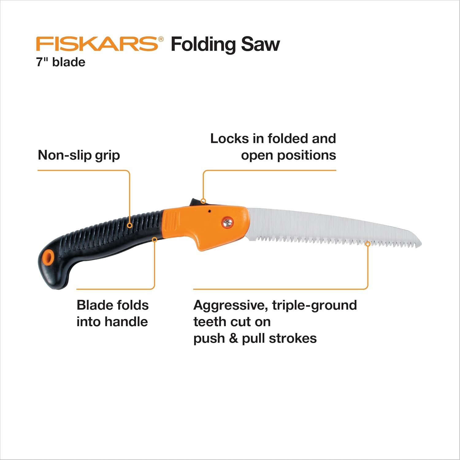 Fiskars Hand Saw, Folding Saw with Dual Position Locking Saw Blade for Overhand Cuts and Under Cuts and Power Tooth Blade with Triple Ground Teeth, Soft Grip 10-Inch Pruning Saw(7″ Folding Saw)