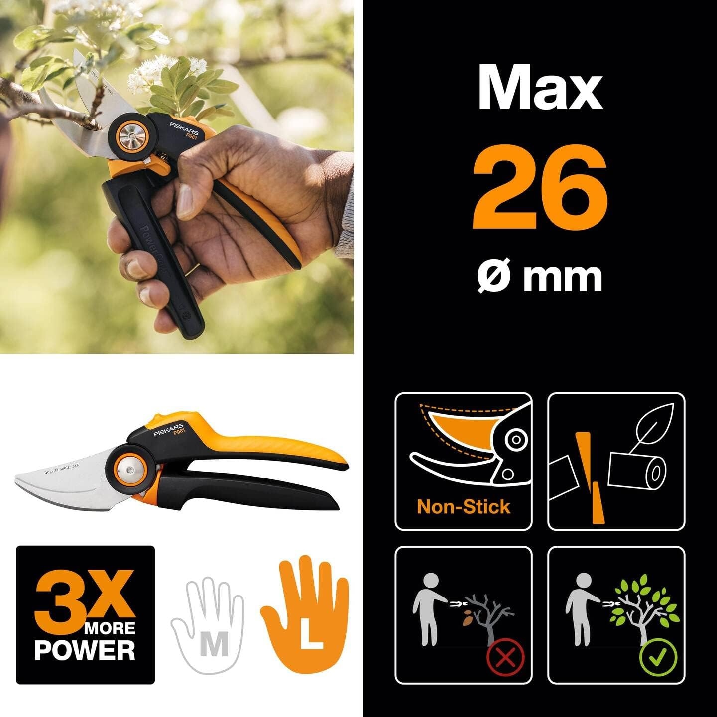 Fiskars Bypass Garden Pruners L, X-Series PowerGear, P961, with Rolling Handle, for Fresh Branches and Twigs, Non-Stick Coated, Stainless Steel Blades, Length: 22.2 cm, Black/Orange, 1057175(X-series P961)