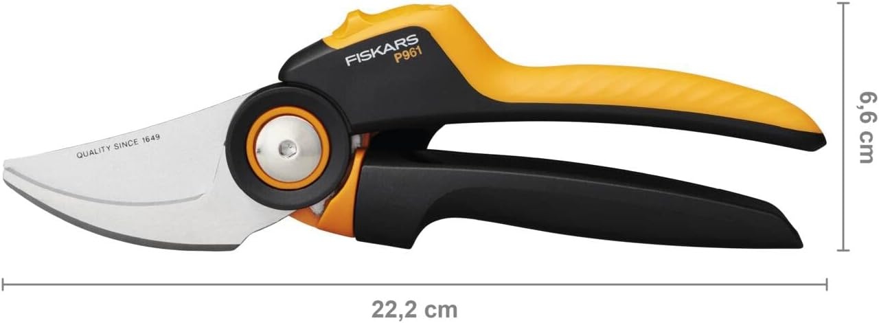 Fiskars Bypass Garden Pruners L, X-Series PowerGear, P961, with Rolling Handle, for Fresh Branches and Twigs, Non-Stick Coated, Stainless Steel Blades, Length: 22.2 cm, Black/Orange, 1057175(X-series P961)