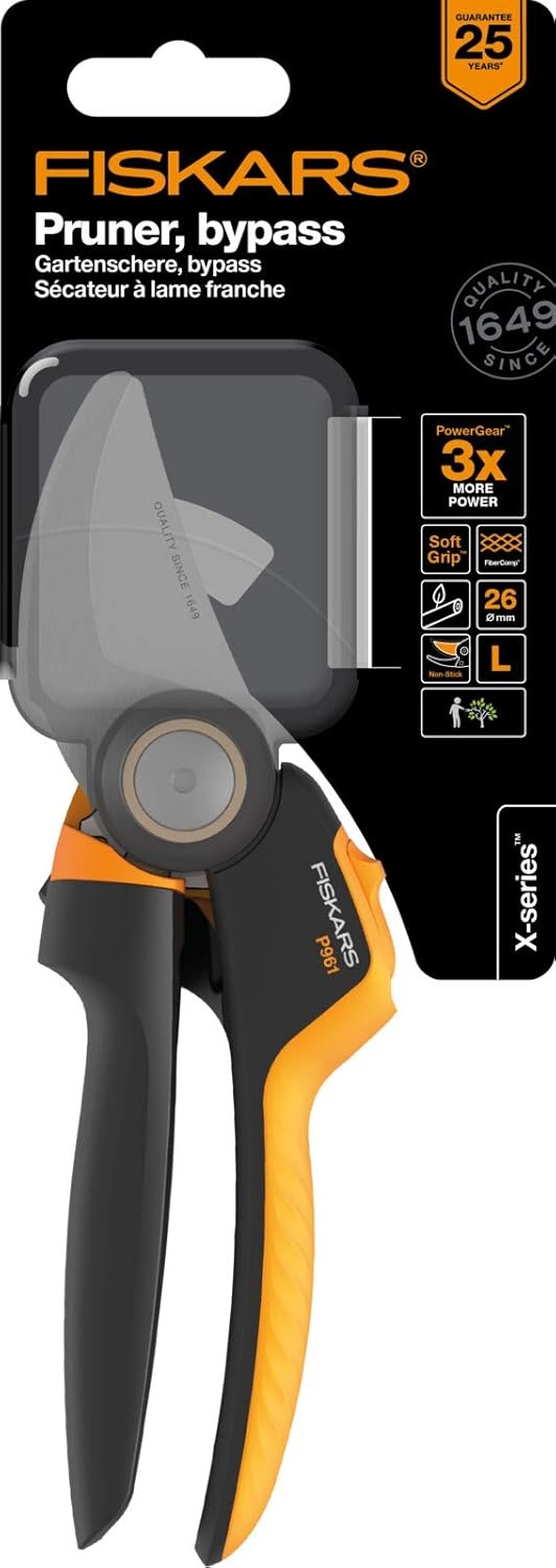 Fiskars Bypass Garden Pruners L, X-Series PowerGear, P961, with Rolling Handle, for Fresh Branches and Twigs, Non-Stick Coated, Stainless Steel Blades, Length: 22.2 cm, Black/Orange, 1057175(X-series P961)