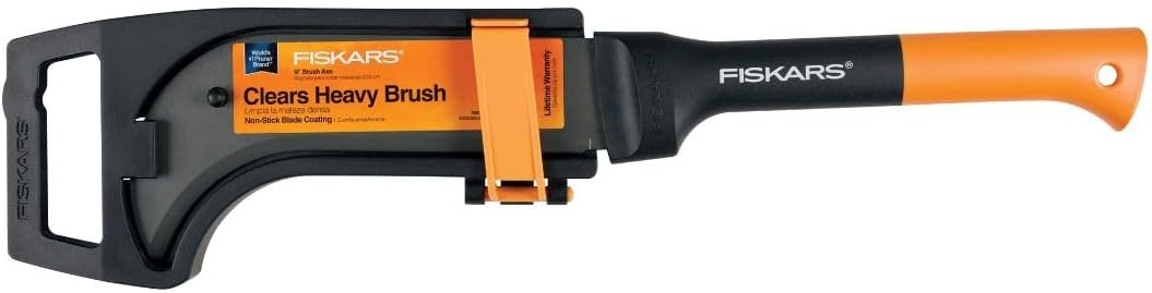 Fiskars 9″ Brush Axe with Safety Sheath – Fixed Handle -Curved Blade Branch Chopping Axe – Yard and Garden Tools – Black/Orange